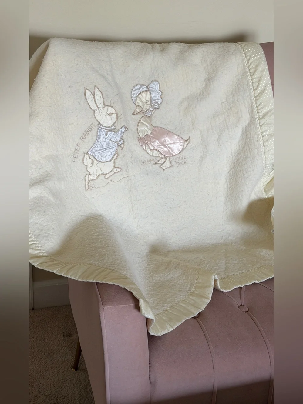 Vintage Quiltex Beatrix Potter Peter Rabbit Embroidered Satin Edge Baby Blanket